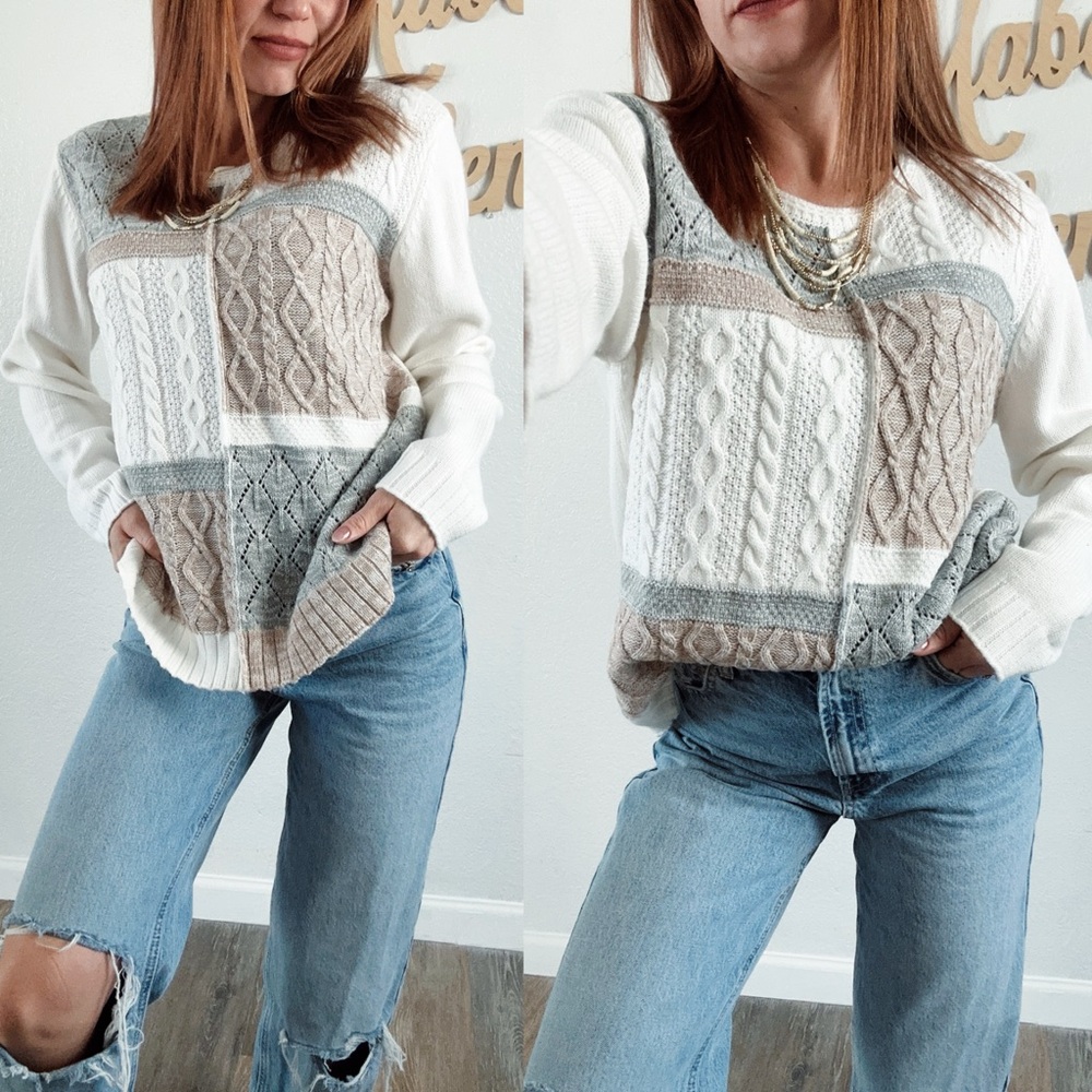 Alfred Dunner Patchwork Cable knit sweater in Cream, Gray, and Tan large